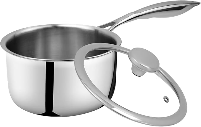 Woogim 304 Stainless Steel Saucepan with Ergonomic Curved Handle,Includes Glass Lid, Easy to Clean Non-stick Multipurpose Sauce Pot 2 Quart Perfect for Milk,Soups,and Sauces