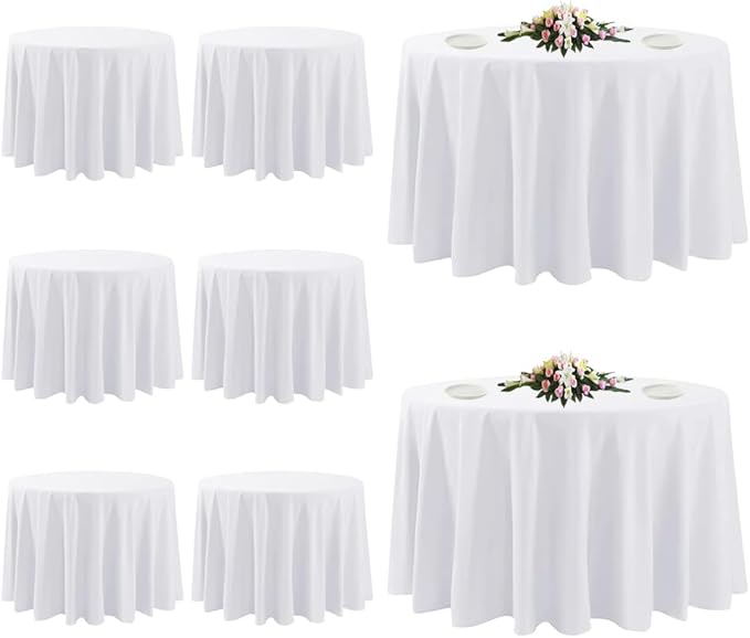 8 Pack White Round Tablecloths, 120 Inch Stain Resistant and Wrinkle Polyester Fabric Washable Table Clothes Cover for Kitchen Dining, Wedding, Reception Banquet, Birthday Party, Buffet Restaurant