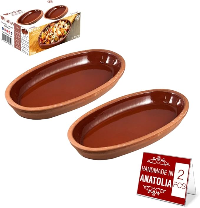 Hakan Bergama Handmade Oval Clay Pan Set of 2 | Terracotta Pans Glazed Inside | Casserole Dishes for Oven Baking | Traditional Earthenware Clay in Box, Large, 4.8 x 10.25 x 1.5-inch 13.5 Oz (400 cc)