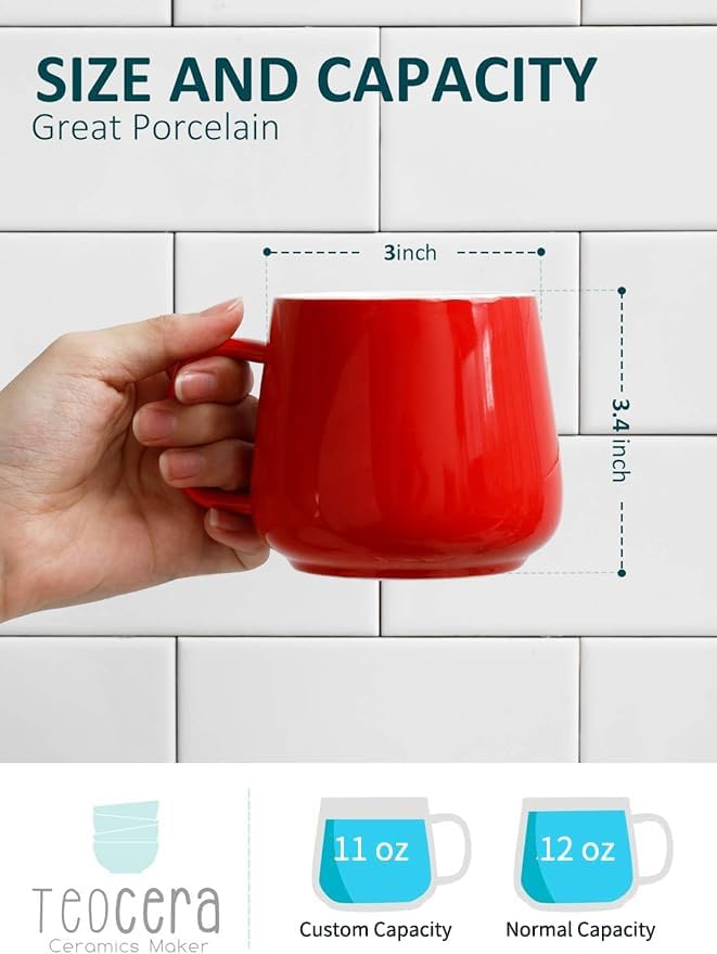 Teocera Ceramic Coffee Mug Set of 4-12 oz Coffee Mugs with Large Handles for Hot or Cold Drinks Like Latte, Cocoa, Tea or Juice - Smooth Ceramic, Dishwasher Safe, Red