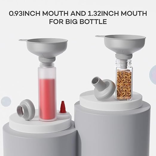 Pisol Wide Mouth Versatile Funnel, Canning Funnels for Kitchen Use, Food Grade Plastic Cooking Funnel Set with 4 Size Spouts and 2 Strainers for Filling Different Bottles and Bags, Grey