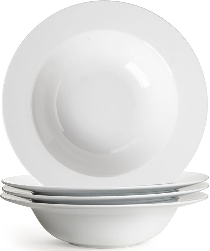 Pasta & Salad Bowls - 40oz White Ceramic Soup Plates - Set of 4, Large Pasta Plates, Wide Rimmed, Microwave & Dishwasher Safe