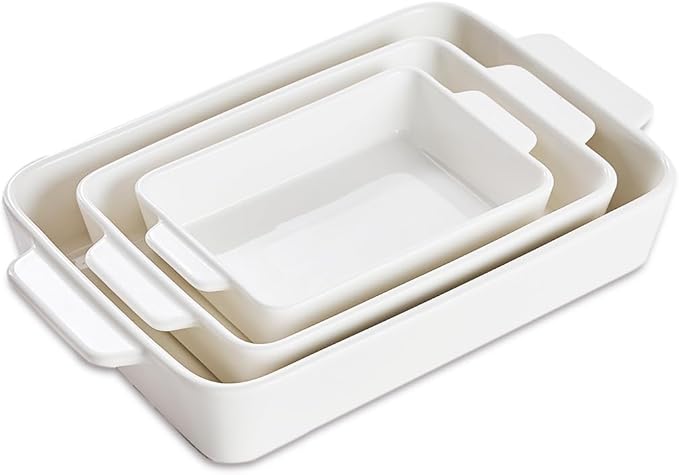 Ceramic Bakeware Set, Rectangular Porcelain Baking Dishes for Kitchen, Lasagna Pans with Handle for Cooking, 13"/10"/7.6" Baking Pan Deep Casserole Dish for Baking, Set of 3 White