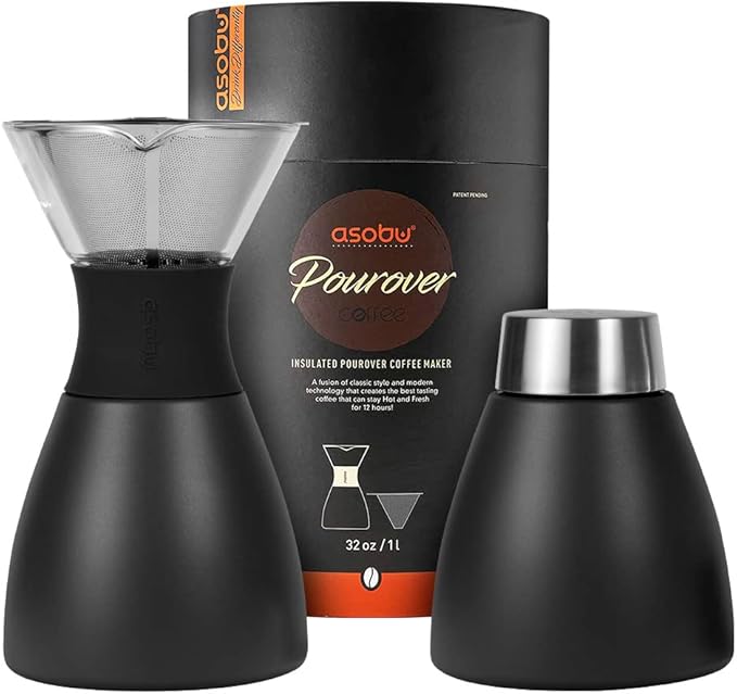 asobu Black Insulated Pour Over Coffee Maker (32 oz.) Double-Wall Vacuum, Stainless-Steel Filter, Stays Hot Up to 12 Hours (Black)