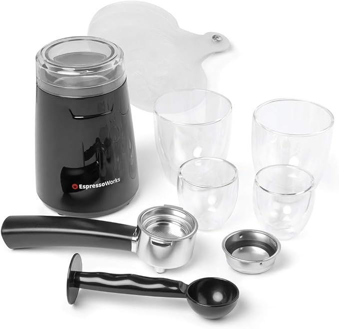 EspressoWorks 19-Bar Espresso, Latte and Cappuccino Maker 10-Piece Set - Brew Cappuccino and Latte with One Button - Espresso Machine with Milk Steamer 1250W - Coffee Gifts (Black)
