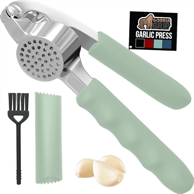 GORILLA GRIP Garlic Press and Peel Set, Heavy Duty Mincer Tool, Easily Mince and Crush Garlics, Ginger, Nuts, Seeds, Large Ergonomic Handle, Peeler Included, Peeling Cloves, Kitchen Gadgets, Mint