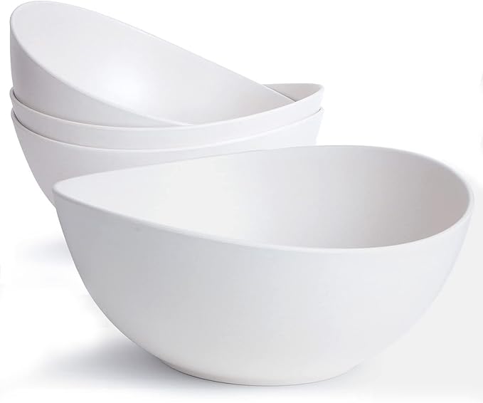 9.6'' Serving Bowls, 84oz Bamboo Fiber Salad Bowl Set of 4, Deep Serving Bowls Set, Large Oval Individual Bowls for Eating Salad/Pasta/Cereal/Pho, Ideal for Home & Restaurant (Matte White)