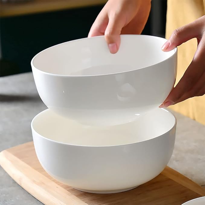 Houlu 55 oz Large Soup Bowl, 8 inch Ramen Bowl Set, Pho Bowls and Spoons Set of 3, Off White Porcelain Serving Bowls