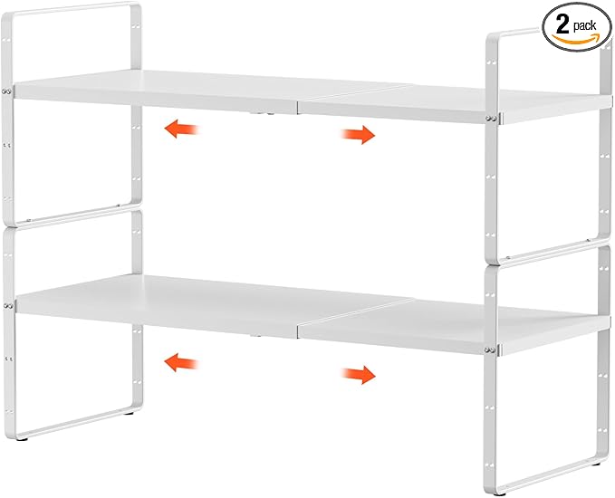 2Pack 16.5-27’’L Expandable Kitchen Shelf Organizer, Stackable Shelves Organizer, Adjustable Height Pantry Spice Rack for Cabinet, Countertop, Pantry and Cupboard, White