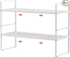 2Pack 16.5-27’’L Expandable Kitchen Shelf Organizer, Stackable Shelves Organizer, Adjustable Height Pantry Spice Rack for Cabinet, Countertop, Pantry and Cupboard, White