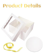 qiqee 12x12x6 Cake Box, 18 Sets White Cake Box with Window ＆ 18 Sets 12" White Cake Round Boards, 12inch Cake Containers, 10 Meters Gold Silk Ribbon