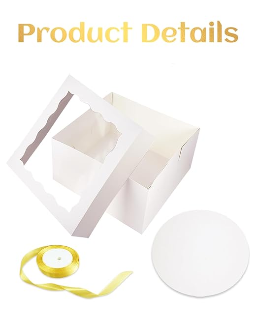 qiqee 12x12x6 Cake Box, 18 Sets White Cake Box with Window ＆ 18 Sets 12" White Cake Round Boards, 12inch Cake Containers, 10 Meters Gold Silk Ribbon