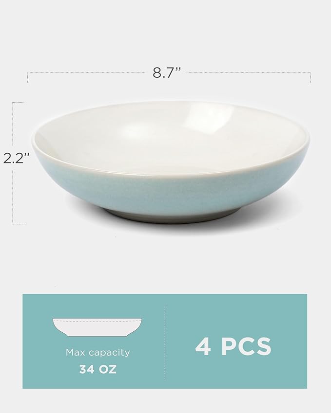 famiware 8.7" Large Pasta Bowls Set of 4, 34oz Stoneware Salad Bowl Serving Plate Bowls, Bowls for Pasta, Fruits, Salad, Noodle, Soup, Dinner- Microwave Dishwasher Safe, Glacier Series, Aqua