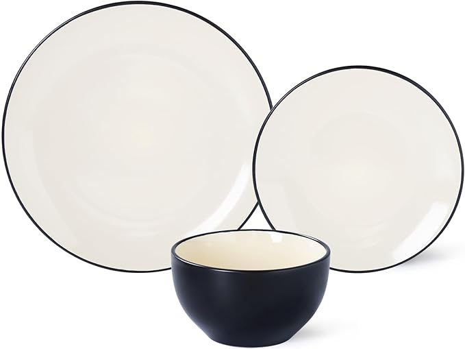 Plates and Bowls Sets for 4 - CJDC-QUELO 12-Piece Stoneware Dinnerware Sets, Ceramic Dishware Set for Indoor Kitchen Use and Formal Dining, Chip and Scratch Resistant Microwave Dishwasher Safe, Ivory