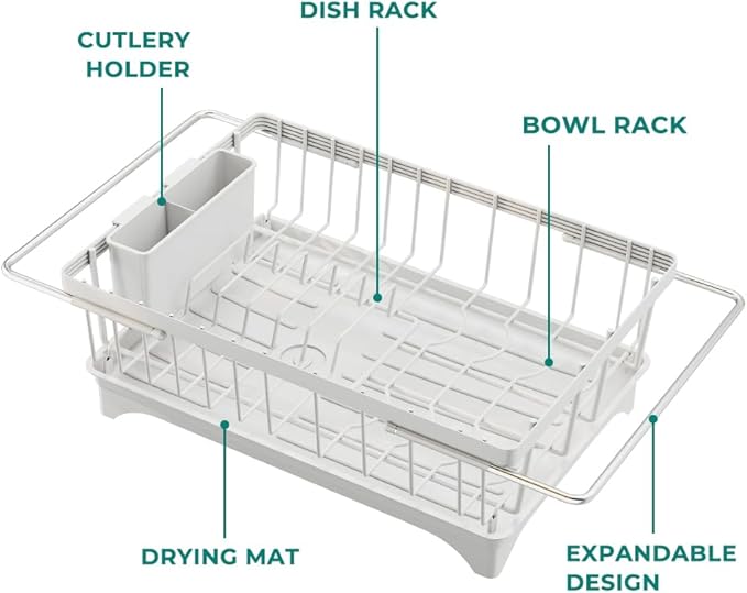 Small Dish Drying Rack in Sink, Expandable Stainless Steel Dish Drainers for Kitchen Counter, with Drain Board & Utensil Holder(White)