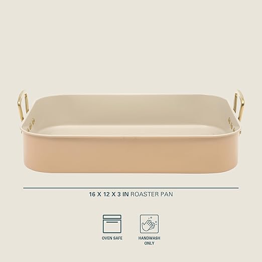 Gibson Home Broxton 2-Piece Nonstick Roaster Pan with Rack – 16 x 12 Inch Apricot Turkey Roasting Pan with Cast Aluminum Gold Handles – Oven-Safe, Easy-Clean, Holiday Cookware