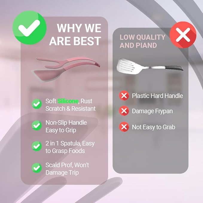 Silicone Egg Flipper Spatula Tongs (Set of 1) – Non-Stick 2-in-1 Grip & Flip Kitchen Tongs for Pancakes, Fish, Eggs, and More – Heat Resistant Cooking Tool (Black) (Pink)