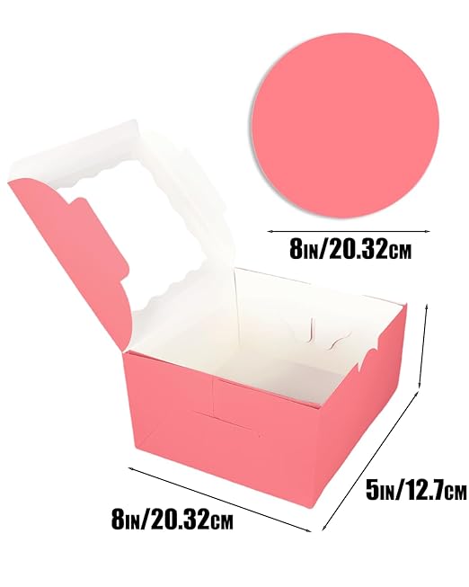 qiqee 8x8x5 Cake Box, 18 Sets Coral Orange Cake Box with Window ＆ 18 Sets 8" Coral Orange Cake Round Boards, 8inch Cake Containers
