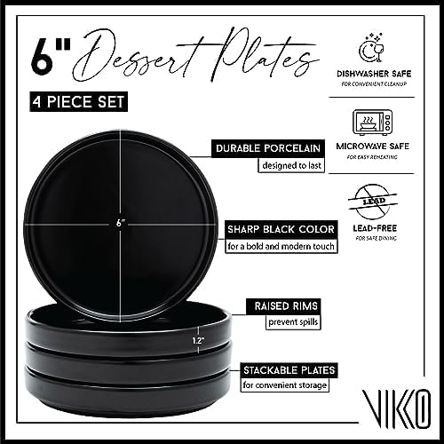 Vikko Dessert Plate, Set of 4 Elegant Dessert Plates with Rim, Black, Porcelain, Stackable 6 Inch Dessert Plates, Dishwasher Safe