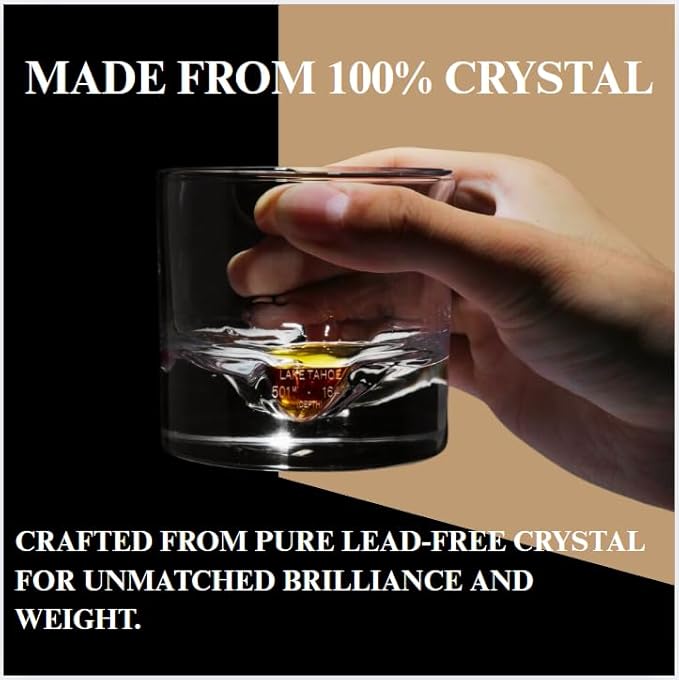 LIITON Lake Tahoe Heavy Crystal Whiskey Glasses Gift Set of 2, Thick Freezable Bourbon Glass 1lb Each, Premium Whiskey Gifts for Men, Frozen Crystal Chills Cocktails, 10 oz