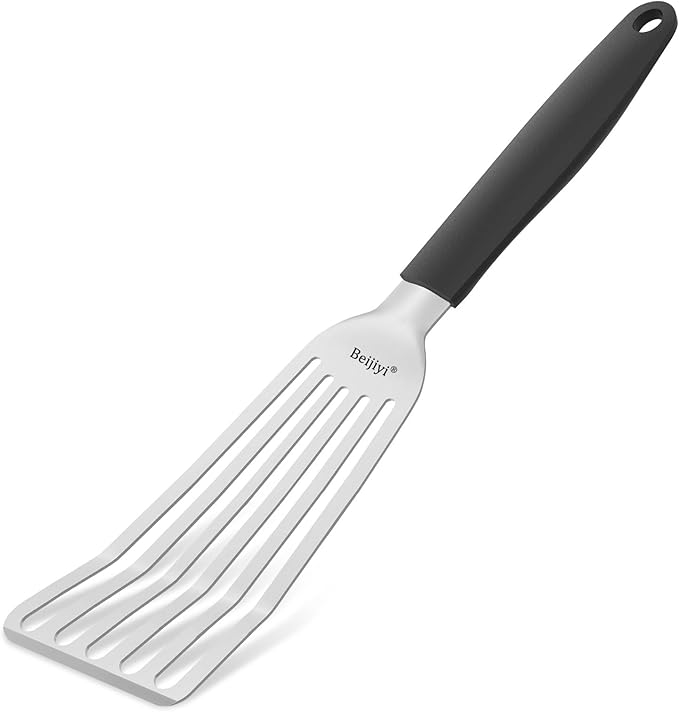 Beijiyi Stainless Steel Fish Spatula, 11.7" Small Metal Spatula for Cast Iron Skillet, Slotted Turner with Silicone Handle, Kitchen Cooking Flipper for Fish, Egg and Burger