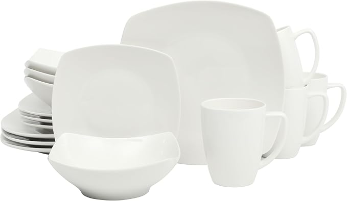 Gibson Home Zen Buffet Porcelain Chip and Scratch Resistant Dinnerware Plates, Bowls, and Mugs Set, Service for 4 (16pcs), White (Square Dishes)