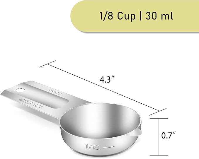 2PCS 1/8Cup (30ml, 1oz) Single Measuring Cup, Stainless Steel Measure Scoop, Metric and US Measurement, Dishwasher Safe
