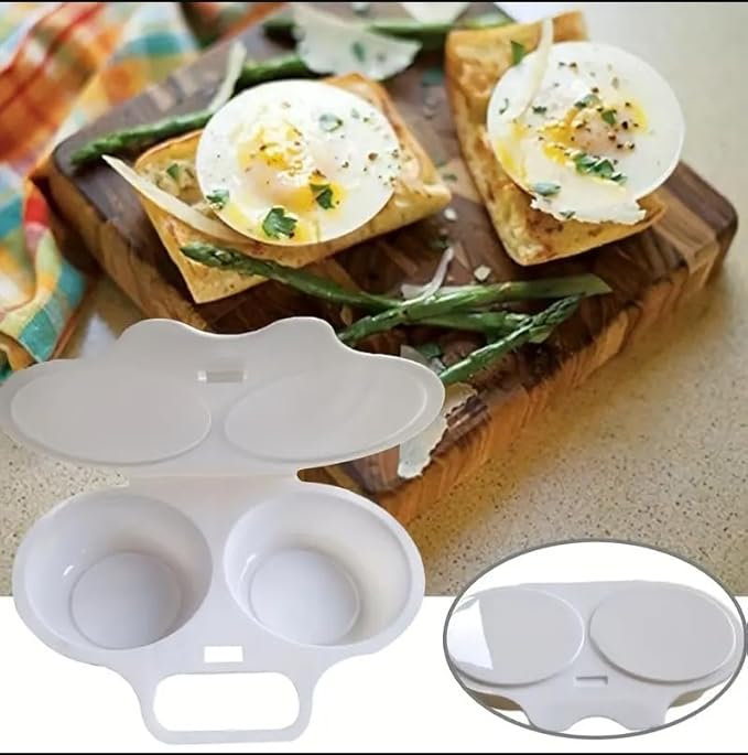 Microwave Egg Poacher, 13 x 5 cm, 2-Cavity Non-stick Cooker with Lid, Double Drain Poached Egg Cups Cookware, White