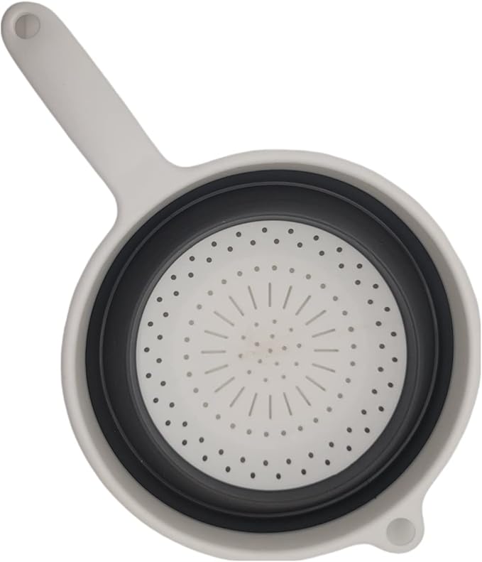 8" Round Space Saving Collapsible Silicone Kitchen Colander Food Strainer with Handle - White (2 Pack)