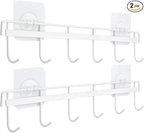 YiZhi Adhesive Wall Hooks Rack Kitchen Rail, Space Saving Utensil Holder No Drilling Wall Mounted Accessory Hanger with 6 Hooks for Kitchen Bathroom Bedroom Pack of 2 (White)