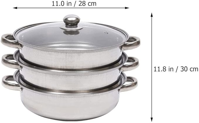 3 Tier Steamer Pot with Glass Lid - 30 cm Stainless Steel Steamer Pot Set Kitchen Cookware Tool Food Veg Cooker for Cooking Vegetables, Seafood, Soups, Stews and Pasta
