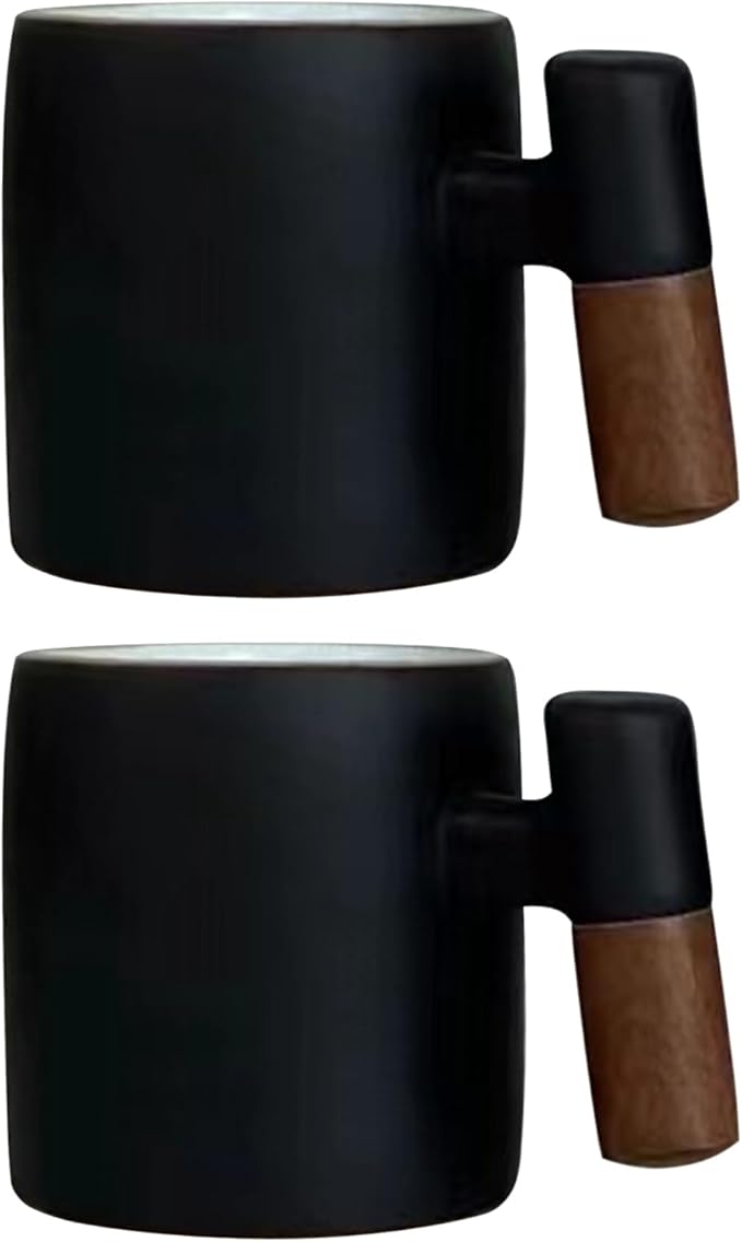 2-Oz Ceramic Espresso Cups with Wood Handle, 2/4-Piece Set for Coffee, Tea, Latte - Dishwasher Safe, Multi-Color & Wood Styles, Gift & Café Use (balck, Wooden Handle2)
