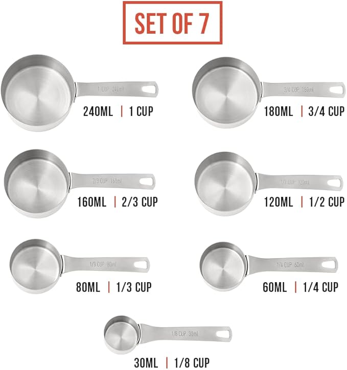 Chef Pomodoro Stainless Steel Measuring Cup Set, Nested and Stackable with 7 Pieces, Sturdy Extra-long Handles with Lasered Markings and Sorting Ring, Metal Kitchen Spoons for Wet and Dry Ingredients