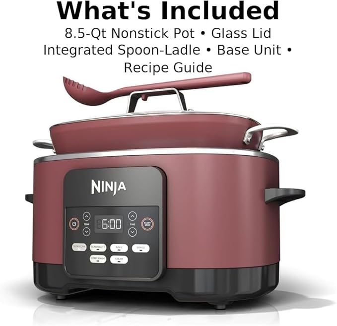 Ninja Foodi PossibleCooker PRO MC1000 8.5Qt Multicooker 8 in 1 Slow Cooker, Dutch Oven, Steam Bake Roast Sear Sauté Bread Maker Warmer, Glass Lid, Integrated Spoon, Nonstick (Cherry)