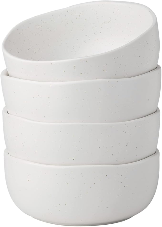 AmorArc Speckled Cereal Bowls Set of 4 for Kitchen, 28oz Large Ceramic Soup Bowls for Cereal Soup Noodle Snacks, Oven,Dishwasher&Microwave Safe Stoneware Bowls with Wavy Rim, Speckled-White