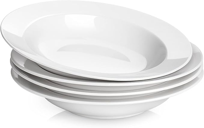Y YHY Soup Bowls, Pasta Bowls Set of 4, White Salad Bowls and Plates, 20 Ounces Porcelain Wide Rim Bowls, Microwave and Dishwasher Safe, Christmas Gift