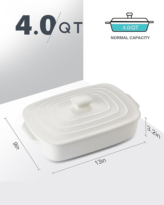 Large Ceramic Casserole Dish with Lid, 4.0 Quart Covered Rectangular Stoneware Baking Dishes for Oven, Deep 9x13 Inch Lasagna Pans for Baking and Serving, Perfect for Christmas Gifts, White