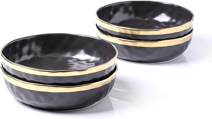 Stone Lain Florian 4-Piece Round Pasta Bowl Set, Black with Gold Rim