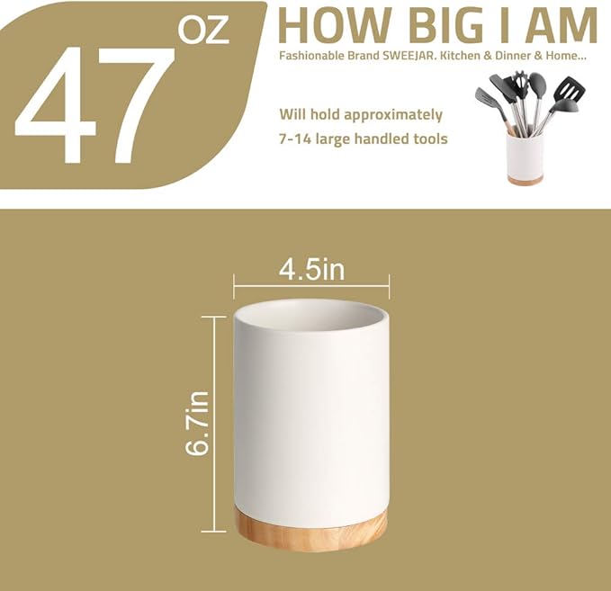 Sweejar Kitchen Utensil Holder with Wooden Bottom, 6.7" Ceramic Utensil Crock to Hold Spatulas for Cooking Countertop, Housewarming, Wedding, Birthday Gift (White)