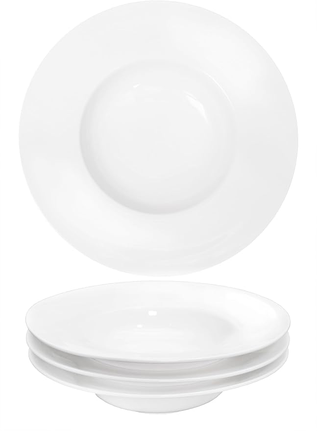 Pasta Plates with Rim 12 oz, Soup Bowl Pasta Bowl Set of 4, White Shallow Bowl Plate, Ceramic Wide Rimmed Soup Bowl, Best choice for high-end restaurants, hotels, and foodies, 10 Inch