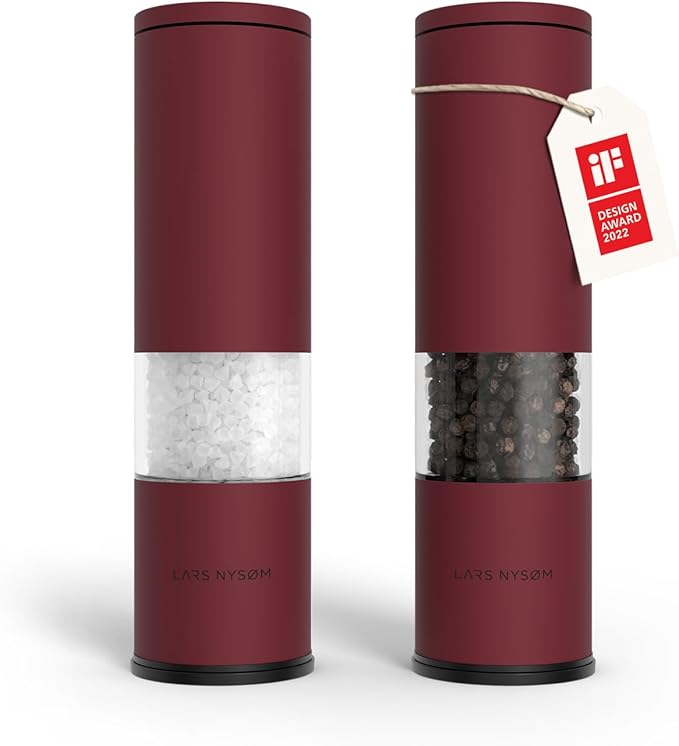 LARS NYSØM Salt and Pepper Grinder Set 2 pieces I Salt Pepper Mill with Adjustable Ceramic Grinder I Design Spice Grinder Set Manual (Berry Red)