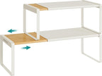 SONGMICS HOME Spice Racks, Expandable Cupboard Shelf Orgnizers, Kitchen Counter Shelves, Bamboo and Metal, Space-Saving Shelving, Stackable, Light Bamboo and Cream White UKCS051N01