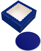 qiqee 8x8x5 Cake Box, 18 Sets Deep Blue Cake Box with Window ＆ 18 Sets 8" Deep Blue Cake Round Boards, 8inch Cake Containers