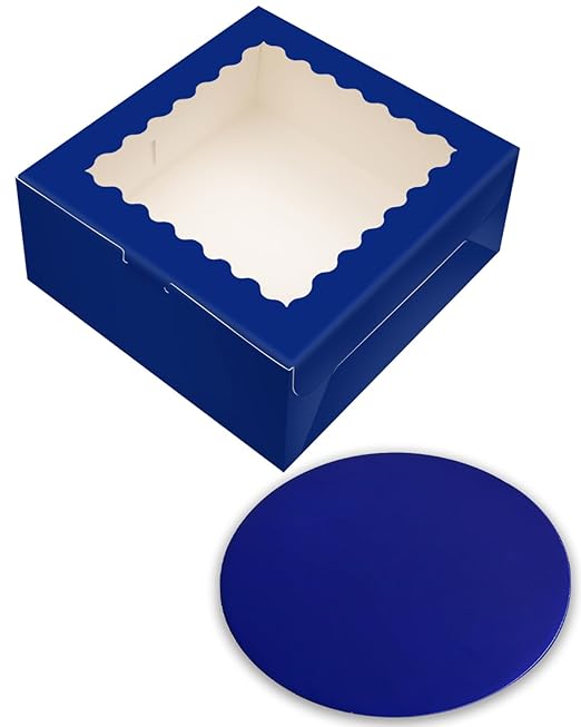 qiqee 8x8x5 Cake Box, 18 Sets Deep Blue Cake Box with Window ＆ 18 Sets 8" Deep Blue Cake Round Boards, 8inch Cake Containers