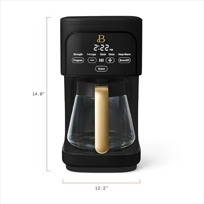Beautiful 12-Cup Programmable Coffee Maker with Touch-Activated Display, Auto Brew Timer, Reusable Filter & Large Glass Carafe (Black Sesame)