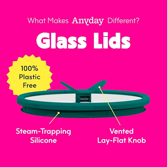 Anyday 7-Cup Glass Food Storage with Glass Lid, Round Shallow Dish | Plastic-Free Meal Prep & Microwave Cookware | Stackable Airtight Storage Container with Vented Lid for Microwave-Safe Reheating