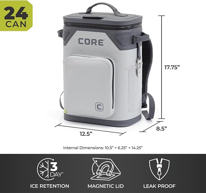 CORE Magnetic Leak Proof Soft Cooler with Waterproof Zipper | Insulated Bag Portable Ice Chest Box | Best Soft Cooler for Food & Beverages for Tailgating, Car Camping, Travel, and Family Beach Picnics