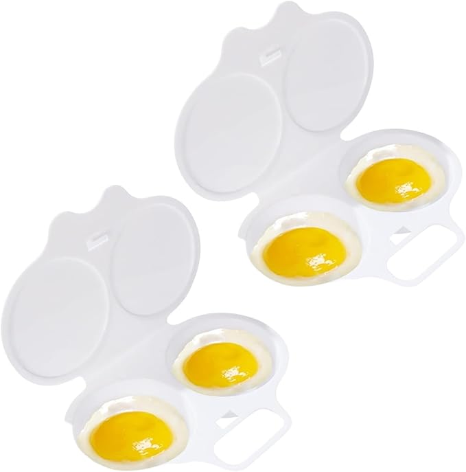 2Pcs White Egg Poacher, 2 Cavity Nonstick Poached Egg Maker With Lid, Double Drain Poached Egg Cups, Egg Poacher Microwave Egg Cooker, Kitchen Cooking Gadgets（13 * 5cm）