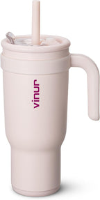 VINUR 40 oz Tumbler with Handle and Straw Lid-Stainless Steel Vacuum Insulated Travel Coffee Mug | Leak-Proof| Cup Holder Friendly| Gifts for Women, Pink