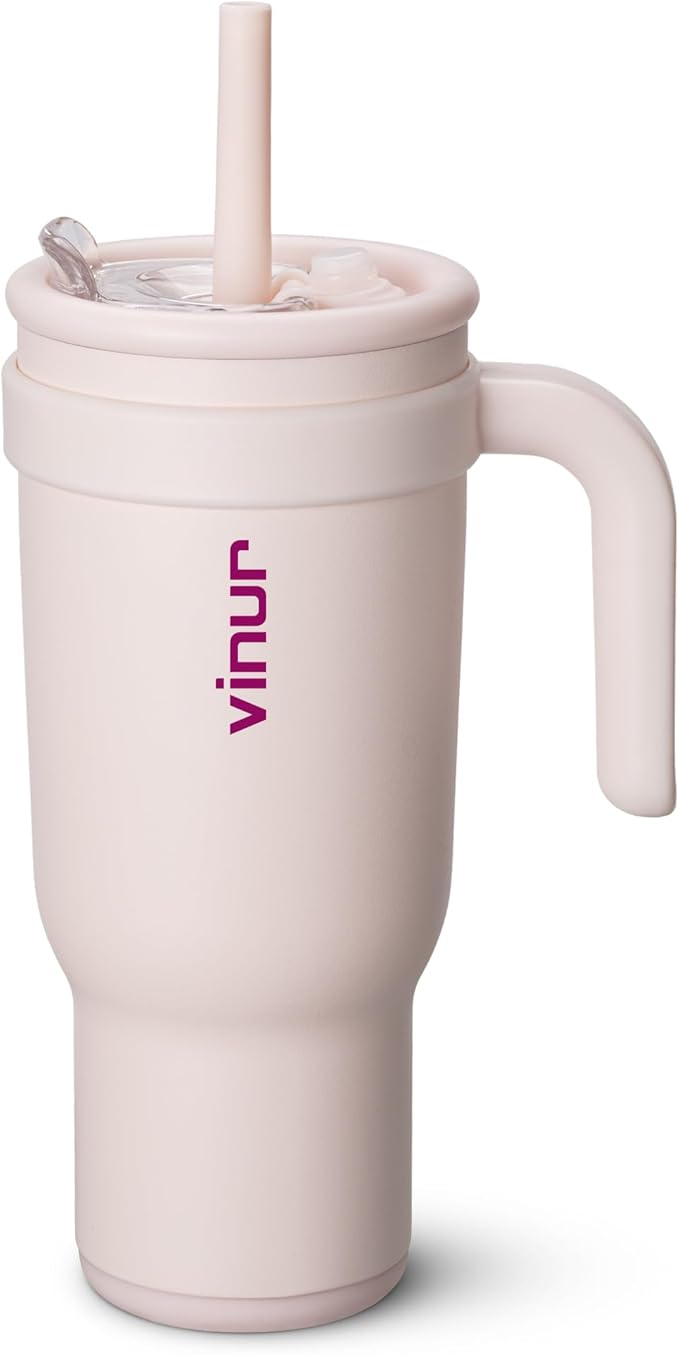VINUR 40 oz Tumbler with Handle and Straw Lid-Stainless Steel Vacuum Insulated Travel Coffee Mug | Leak-Proof| Cup Holder Friendly| Gifts for Women, Pink